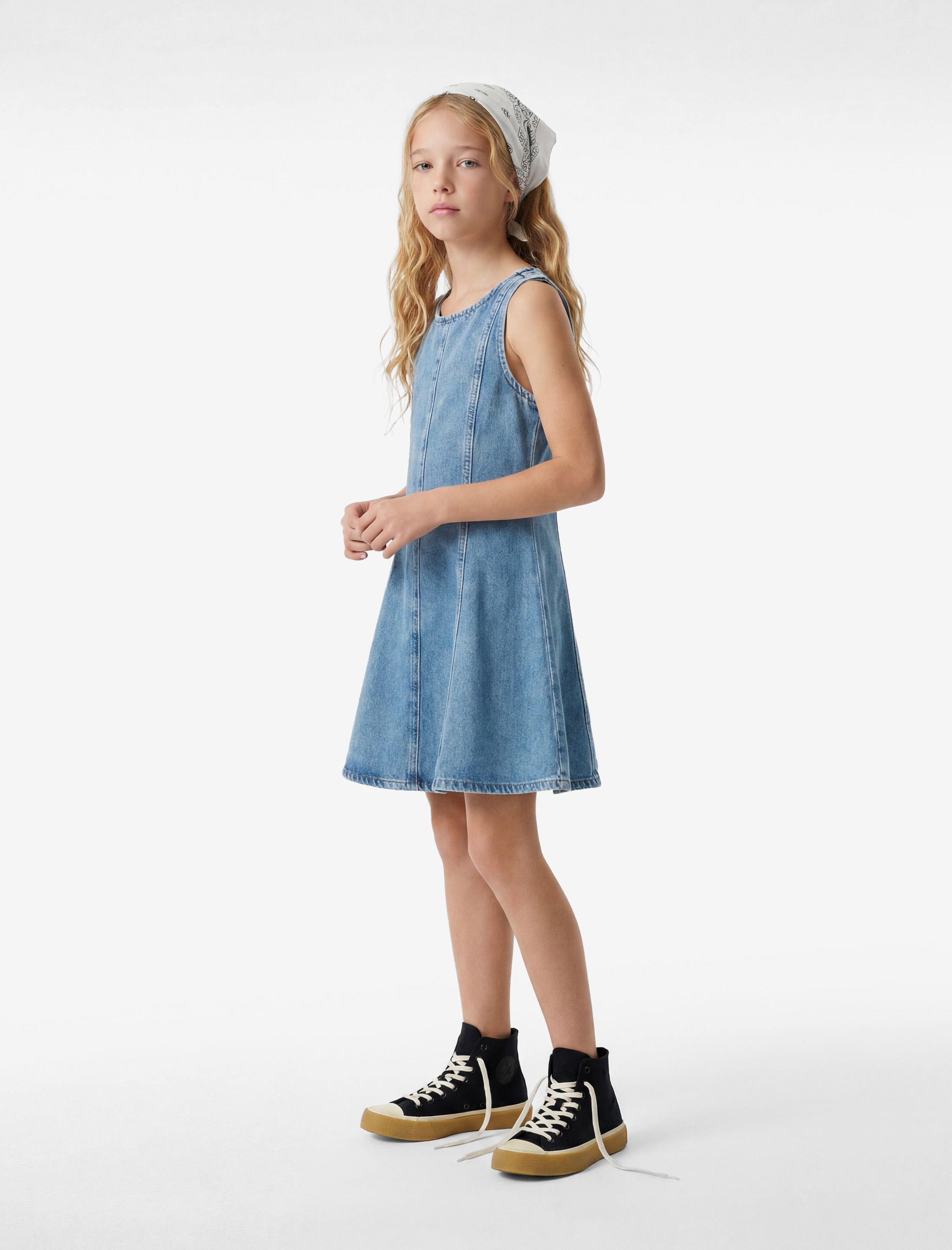  Kız Çocuk Bol Kesim A Kesim Kolsuz Bisiklet Yaka Denim Elbise