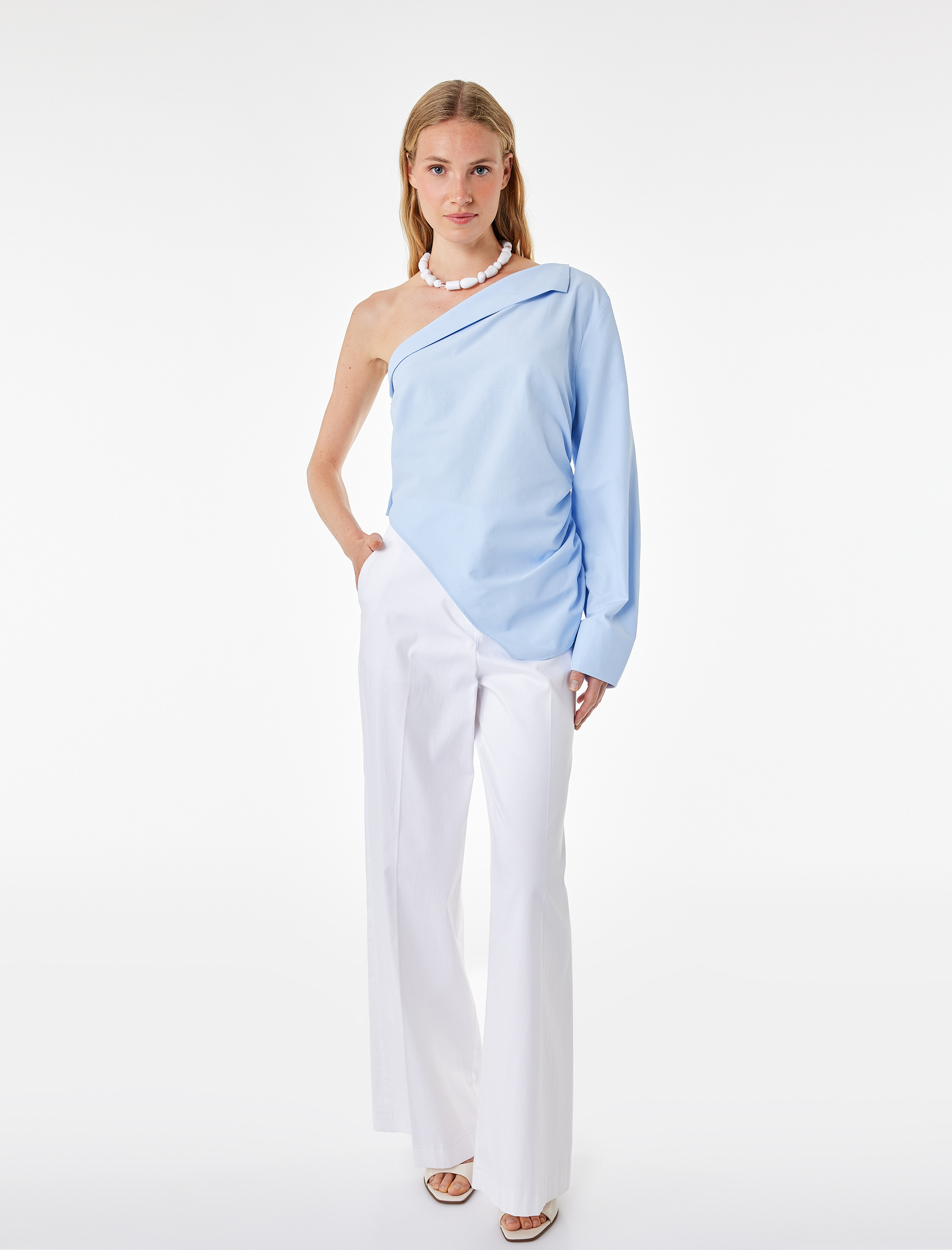   Pamuklu Uzun Kollu Drape Detaylı Poplin Açık Omuz Asimetrik Bluz