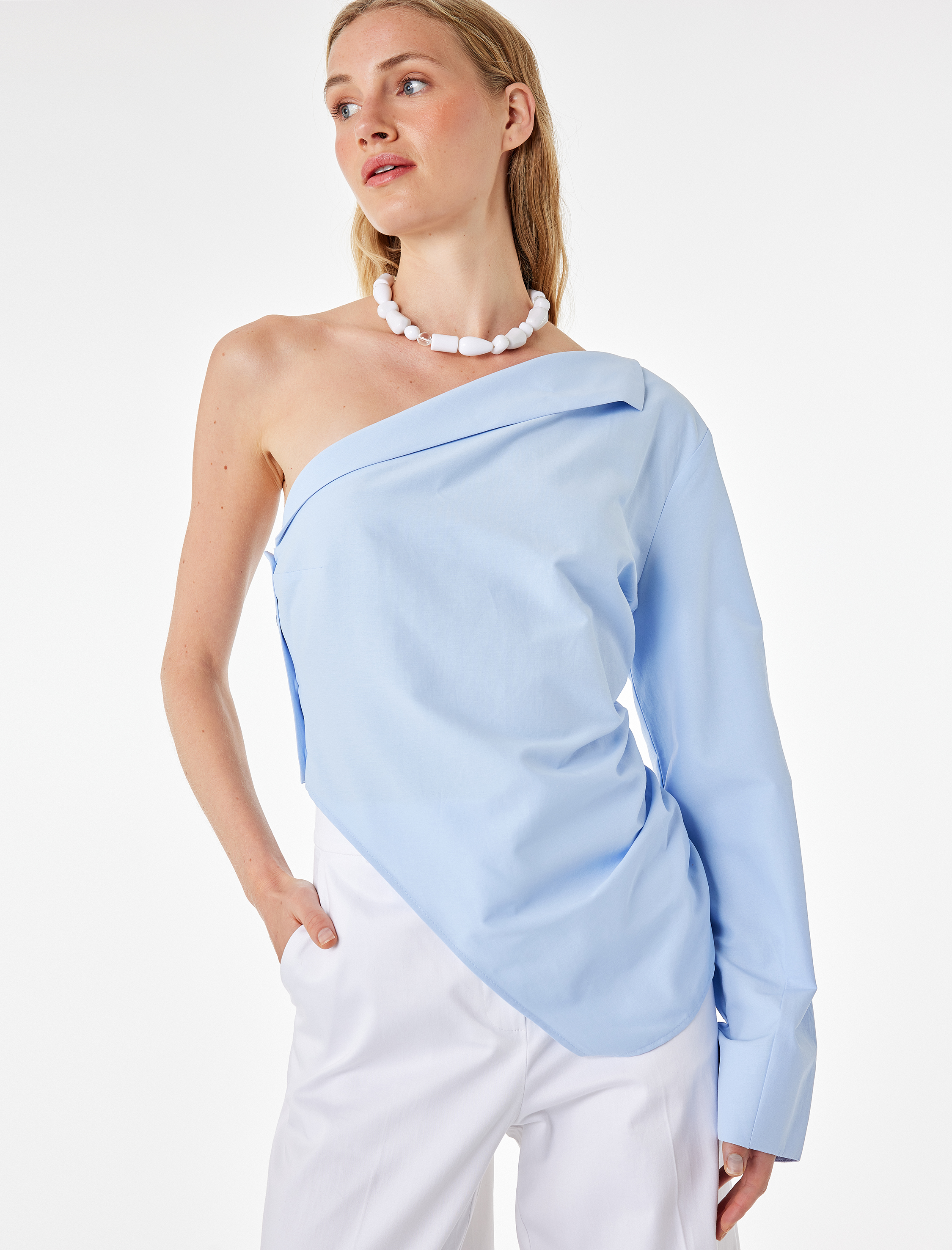   Pamuklu Uzun Kollu Drape Detaylı Poplin Açık Omuz Asimetrik Bluz