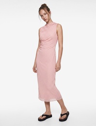 Drapeli Slim Fit Kolsuz Bisiklet Yaka Puantiyeli Uzun Elbise