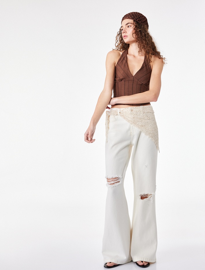  Bürümcük Kumaş Slim Fit Bel Vurgulu Çizgili Halter Yaka Bluz