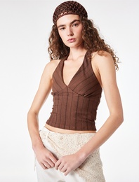 Bürümcük Kumaş Slim Fit Bel Vurgulu Çizgili Halter Yaka Bluz