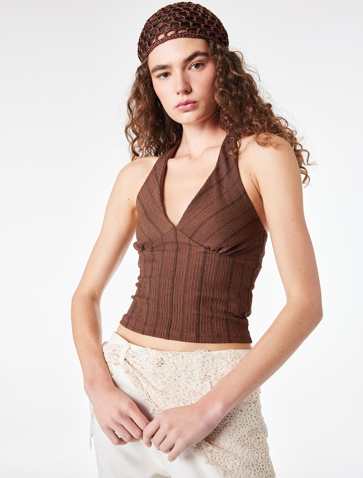  Bürümcük Kumaş Slim Fit Bel Vurgulu Çizgili Halter Yaka Bluz