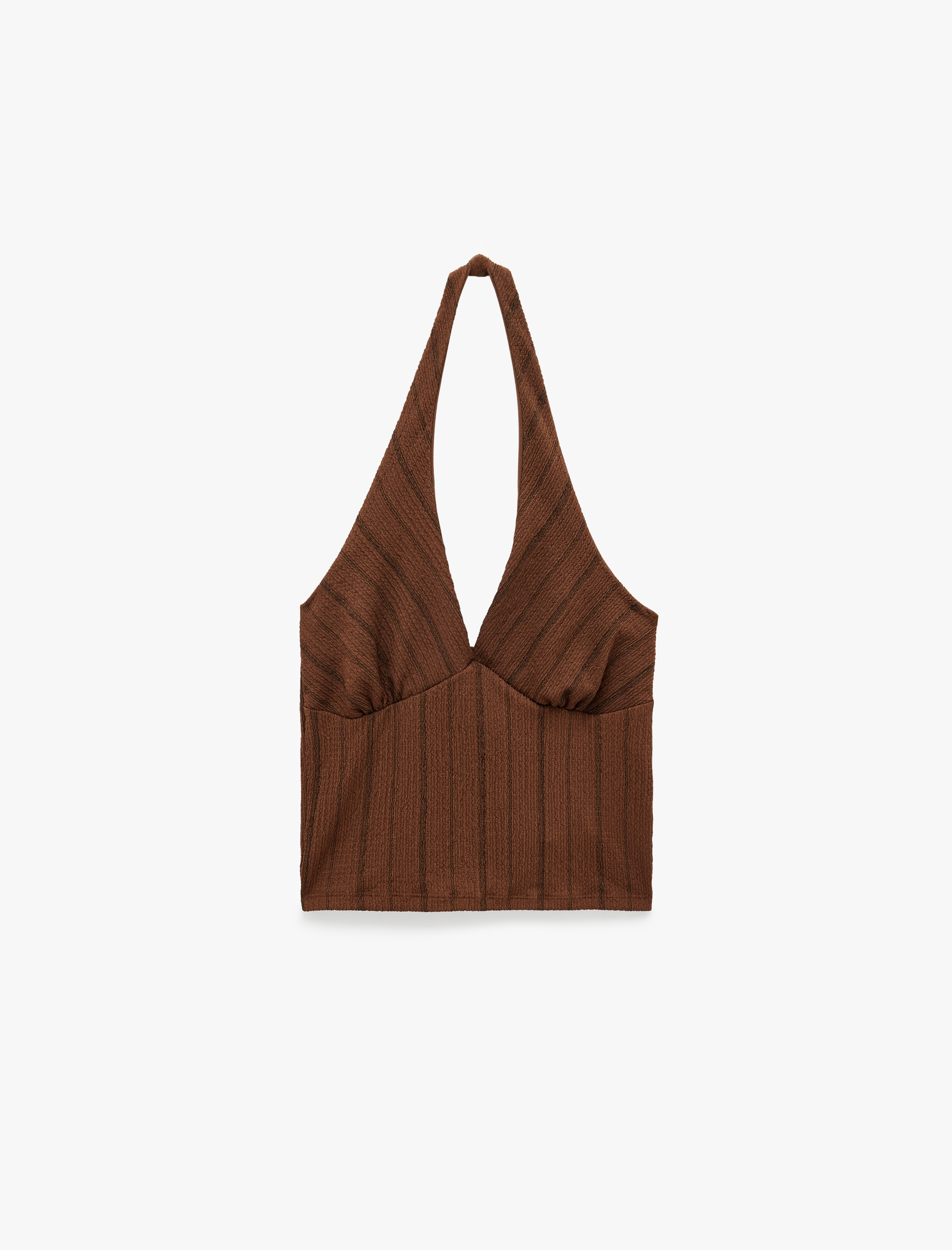   Bürümcük Kumaş Slim Fit Bel Vurgulu Çizgili Halter Yaka Bluz