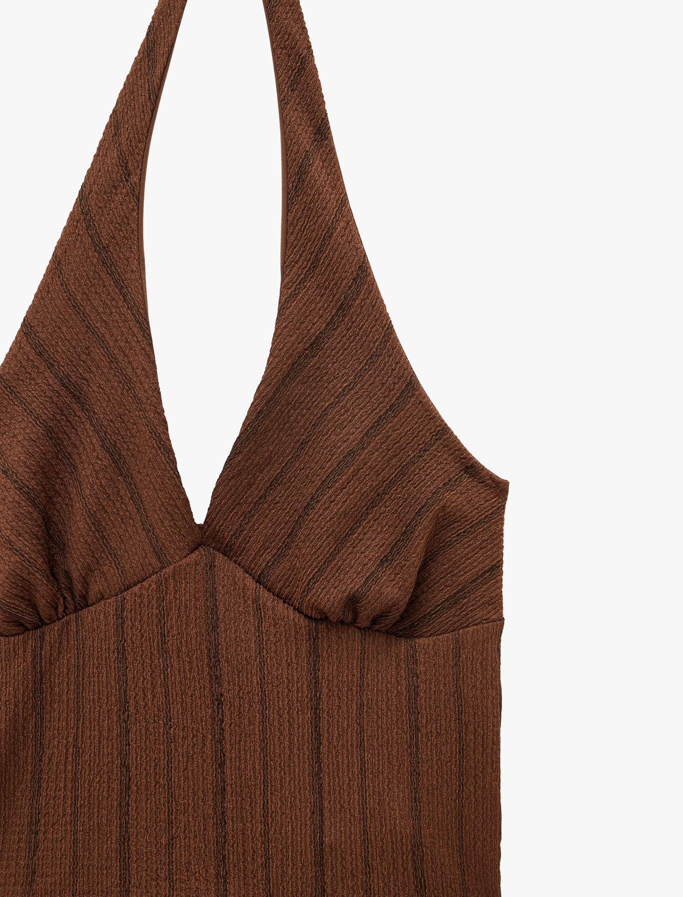  Bürümcük Kumaş Slim Fit Bel Vurgulu Çizgili Halter Yaka Bluz