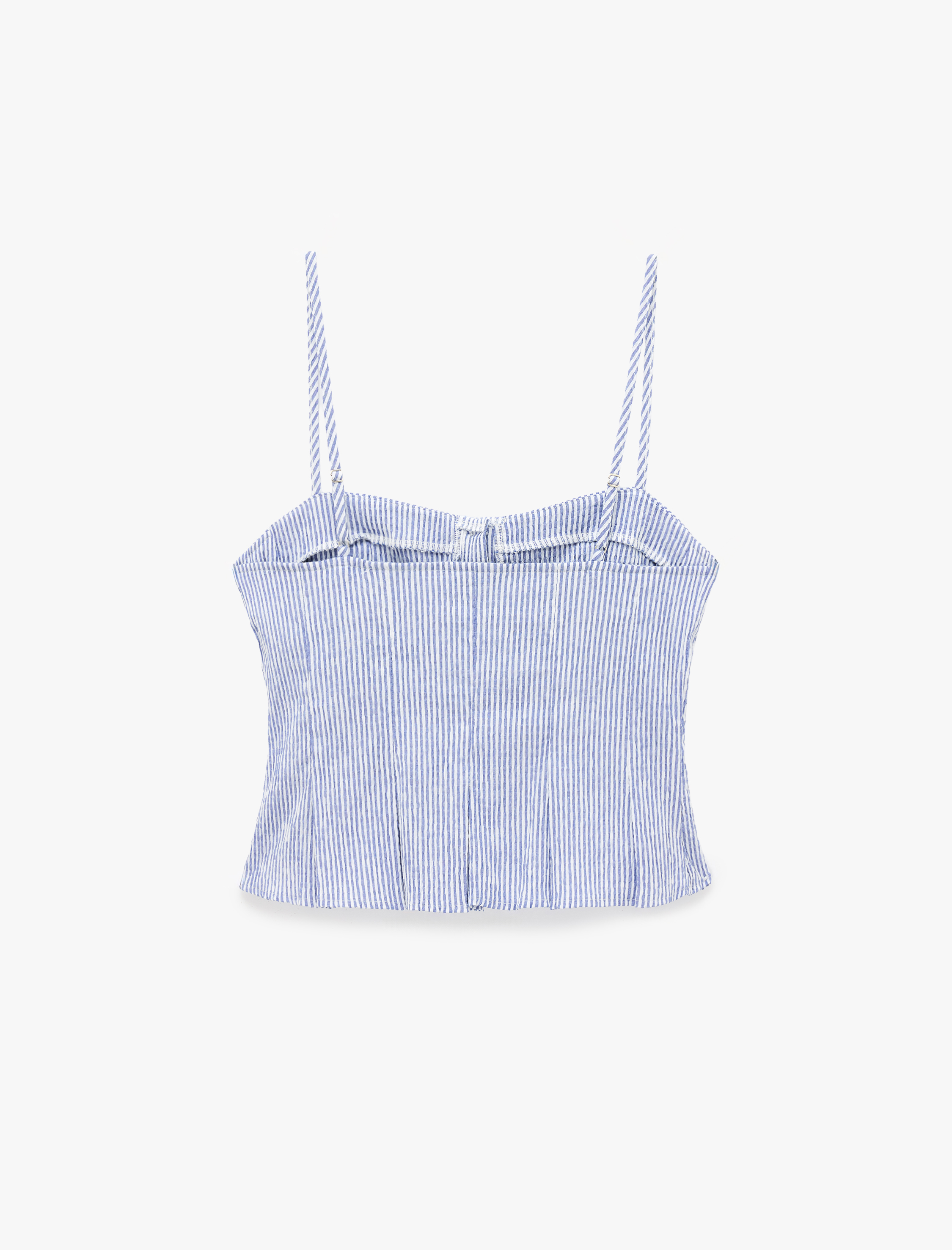   Gofre Kumaş Düğmeli Askılı Çizgili Korse Görünümlü Crop Top