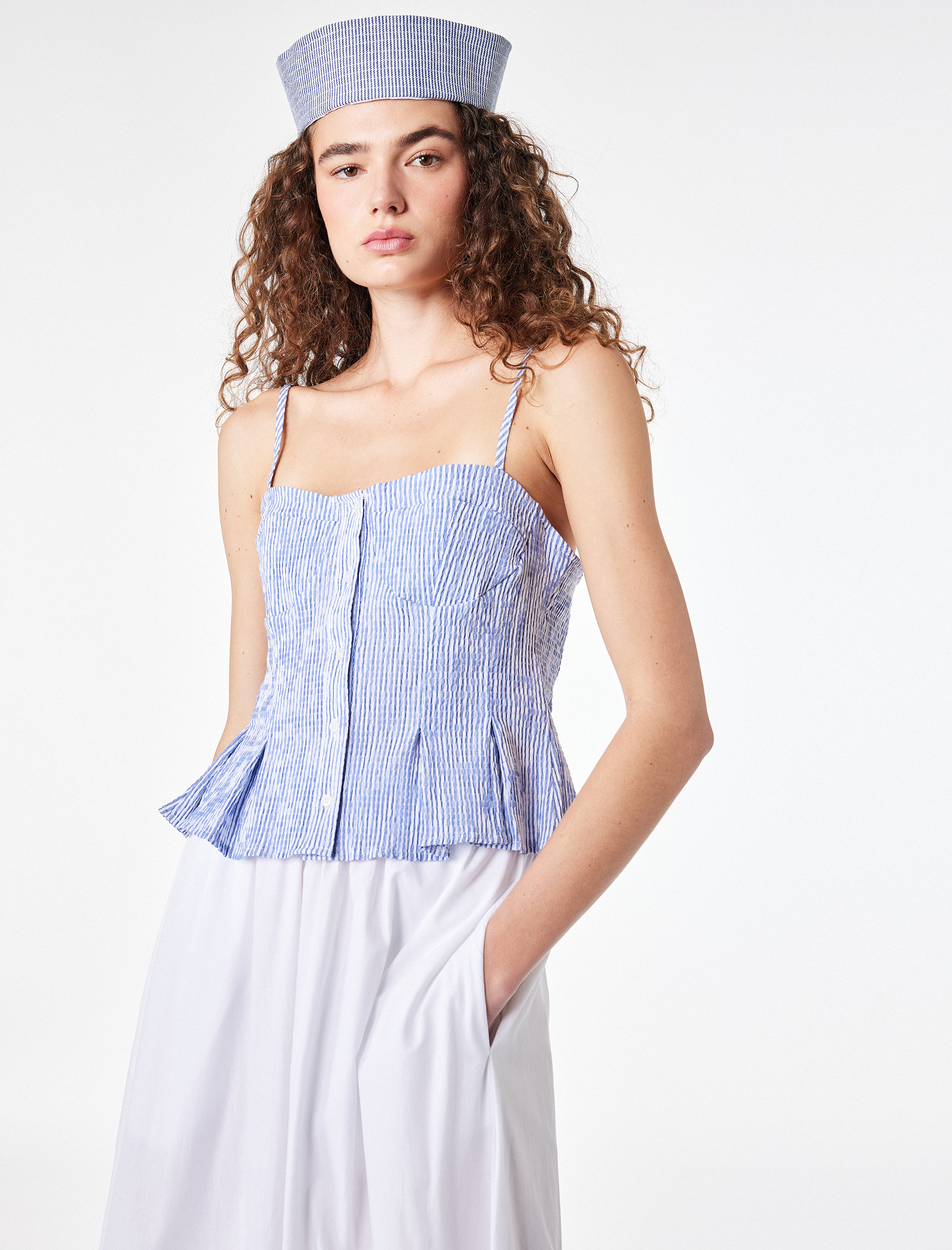   Gofre Kumaş Düğmeli Askılı Çizgili Korse Görünümlü Crop Top