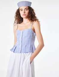 Gofre Kumaş Düğmeli Askılı Çizgili Korse Görünümlü Crop Top