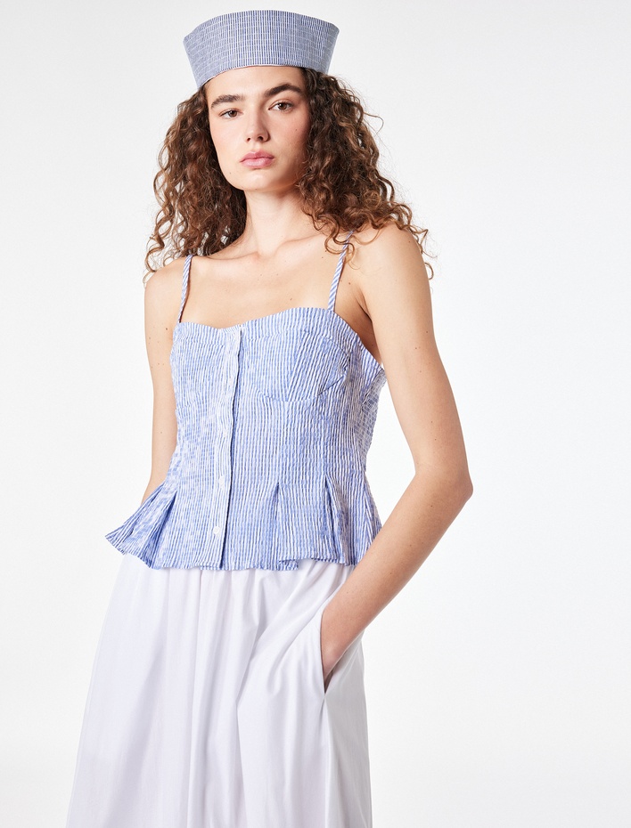  Gofre Kumaş Düğmeli Askılı Çizgili Korse Görünümlü Crop Top