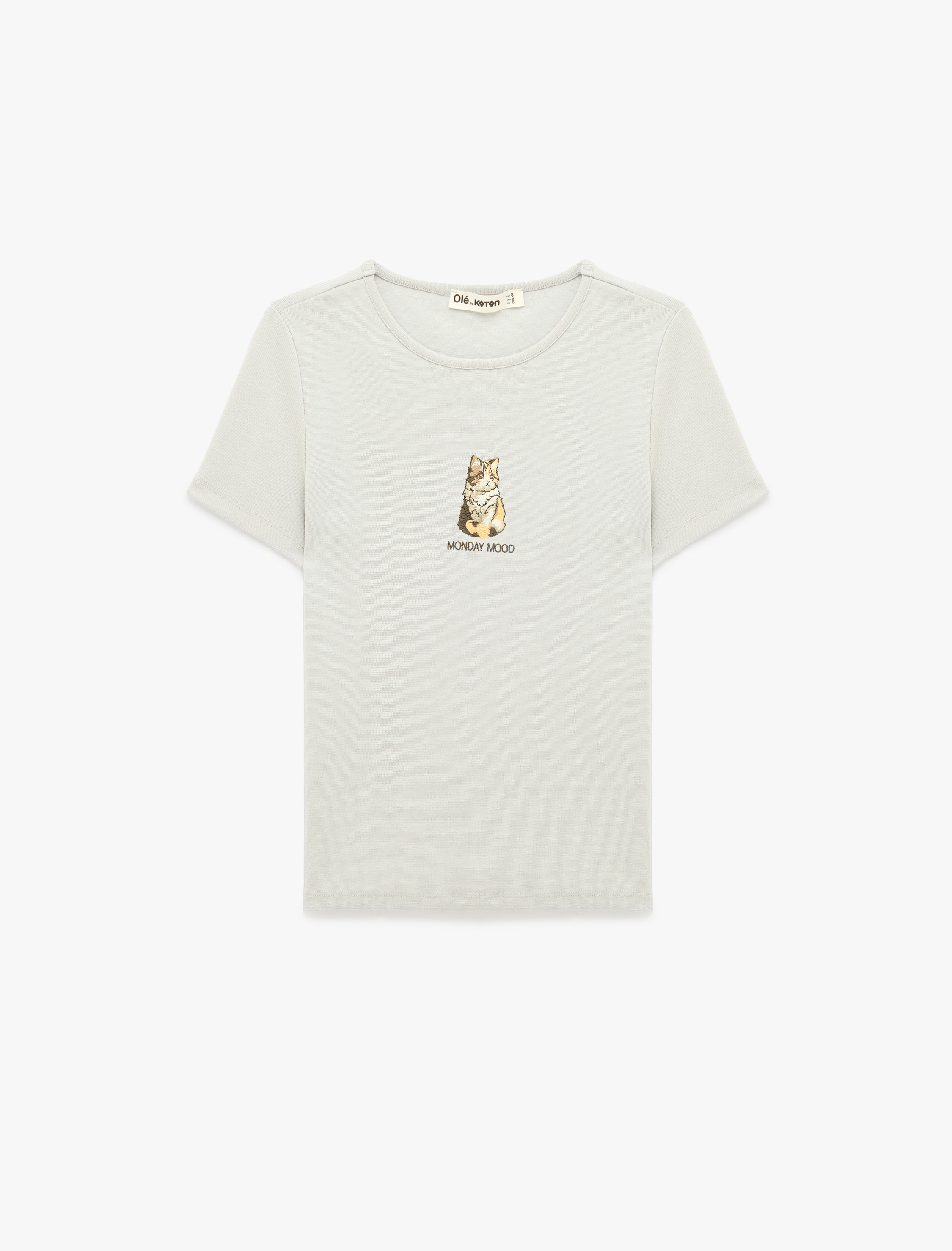   Pamuklu Slim Fit Bisiklet Yaka Kısa Kollu Kedi Nakışlı Tişört