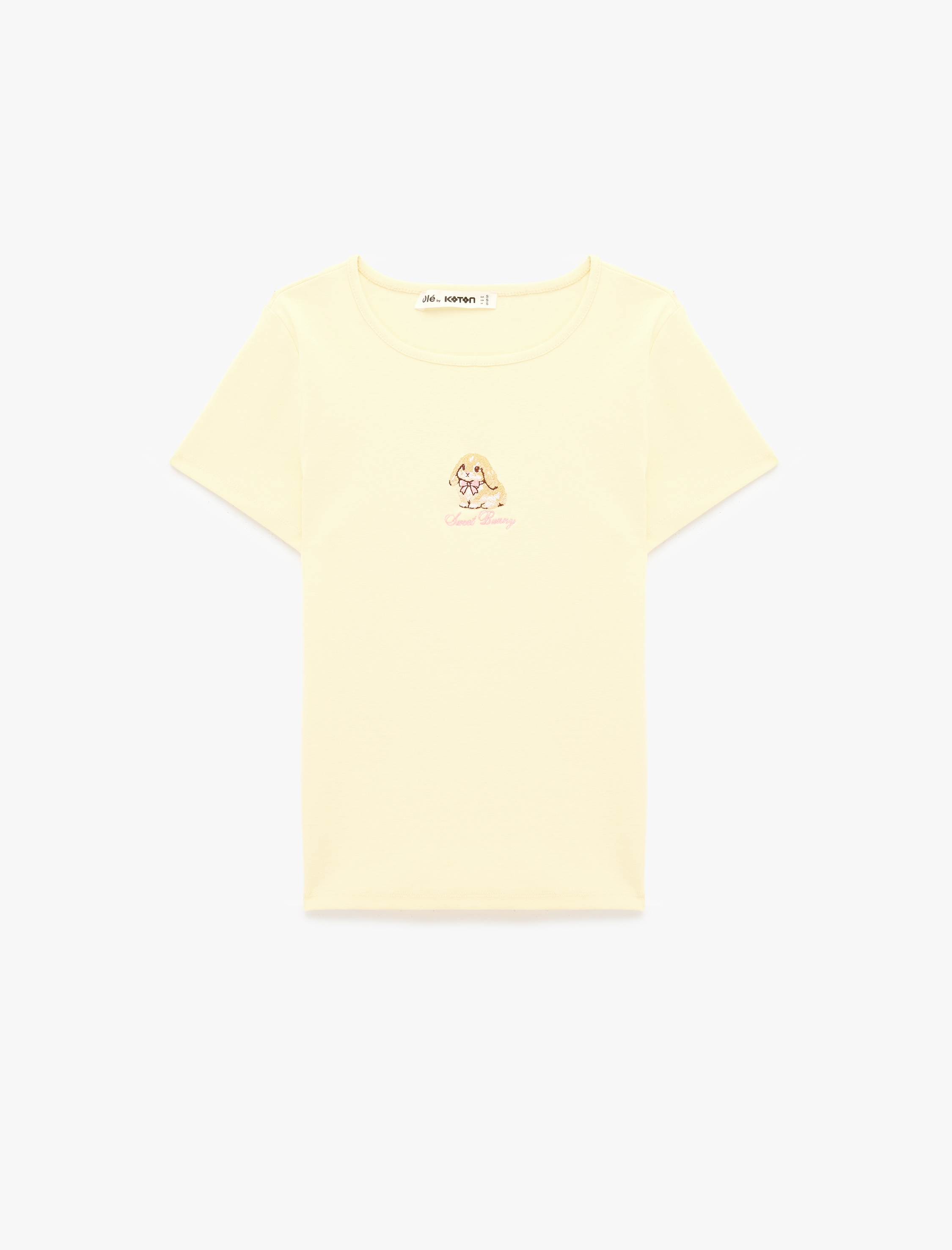   Pamuklu Slim Fit Bisiklet Yaka Kısa Kollu Tavşan Nakışlı Tişört