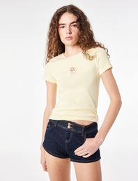 Pamuklu Slim Fit Bisiklet Yaka Kısa Kollu Tavşan Nakışlı Tişört