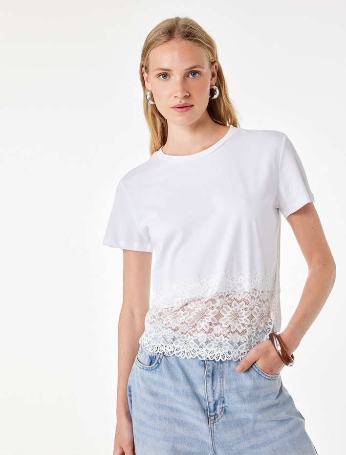  Pamuklu Slim Fit Dantel Detaylı Bisiklet Yaka Kısa Kollu Tişört