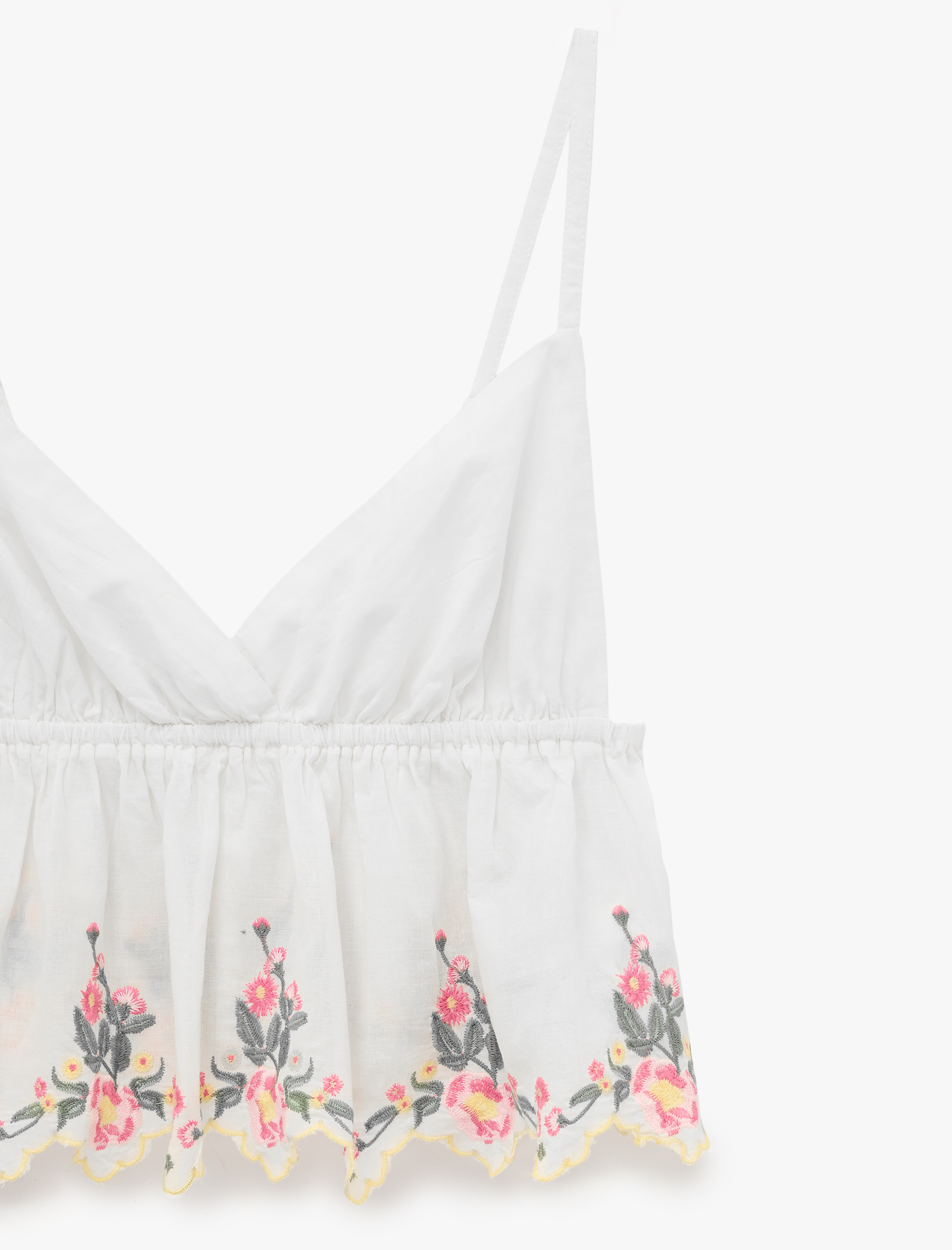   Pamuklu Çiçek Nakışlı V Yaka Kolsuz Crop Bluz