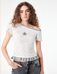 Asimetrik Kayık Yaka Baskılı Slim Fit Kısa Kollu Fırfırlı İkili Tişört