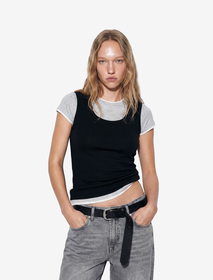  Slim Fit Bisiklet Yaka Katmanlı Viskon Karışımlı Kısa Kollu Tişört
