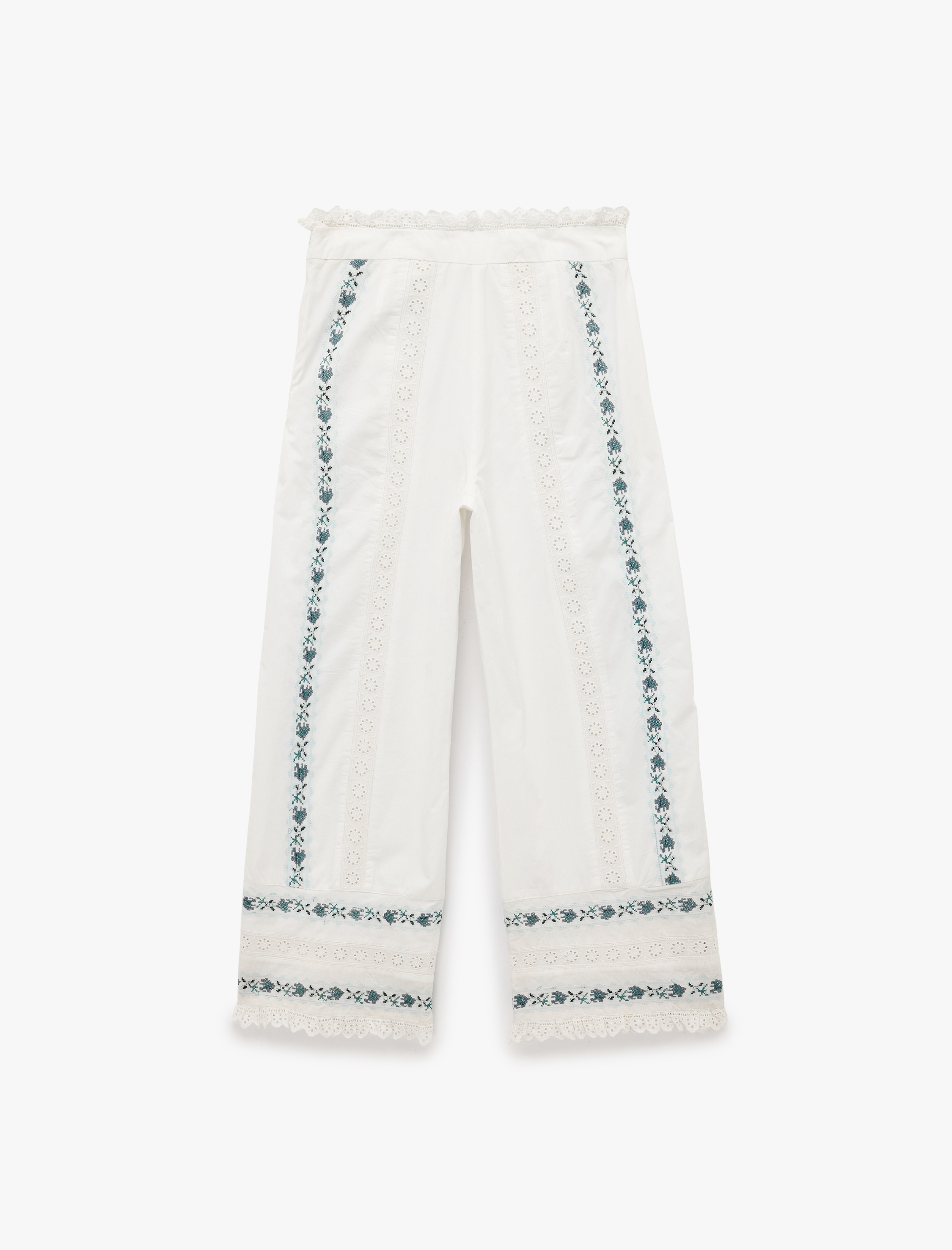   Pamuklu Etnik Motif Detaylı Nakışlı Dantelli Düz Bol Paça Pantolon
