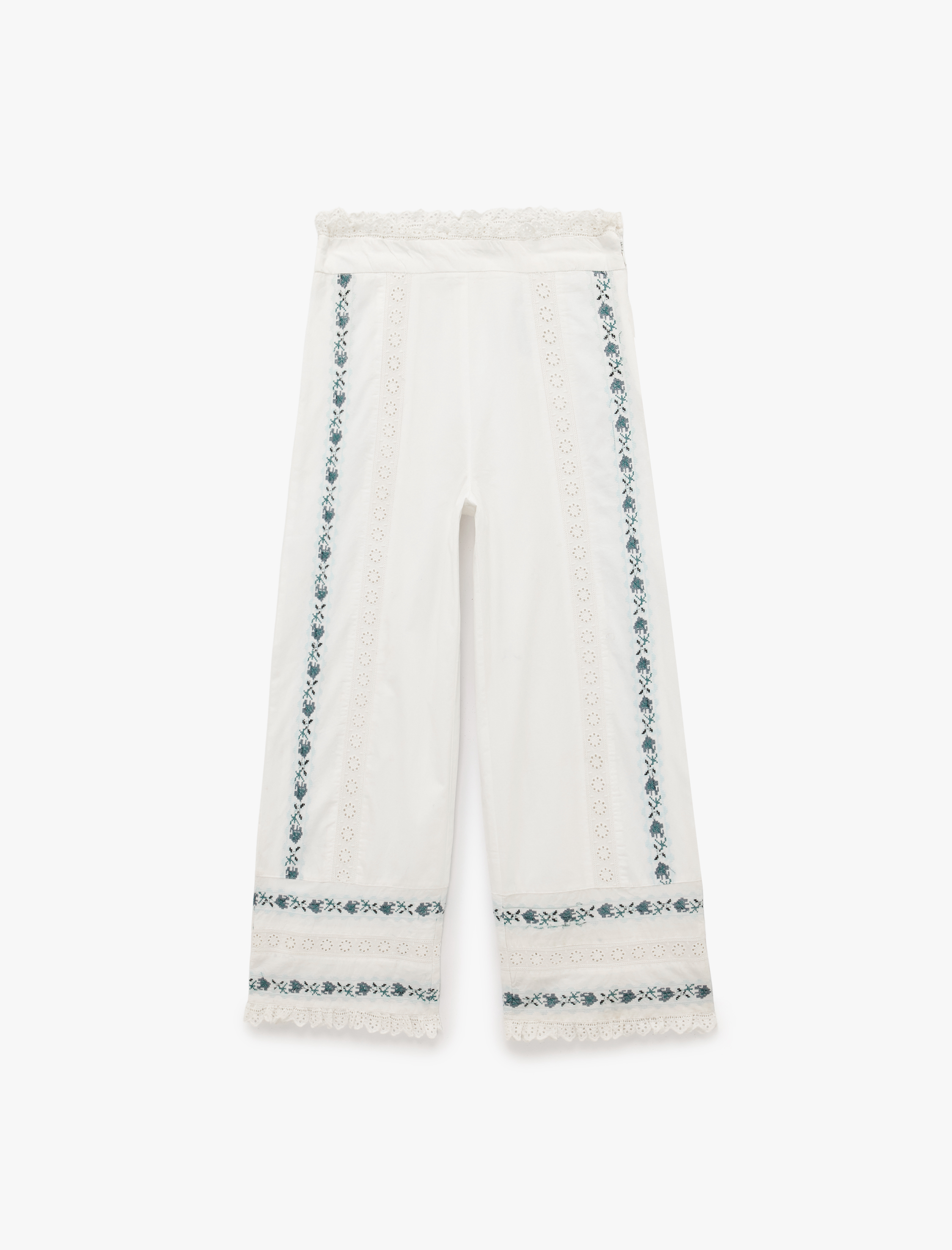   Pamuklu Etnik Motif Detaylı Nakışlı Dantelli Düz Bol Paça Pantolon