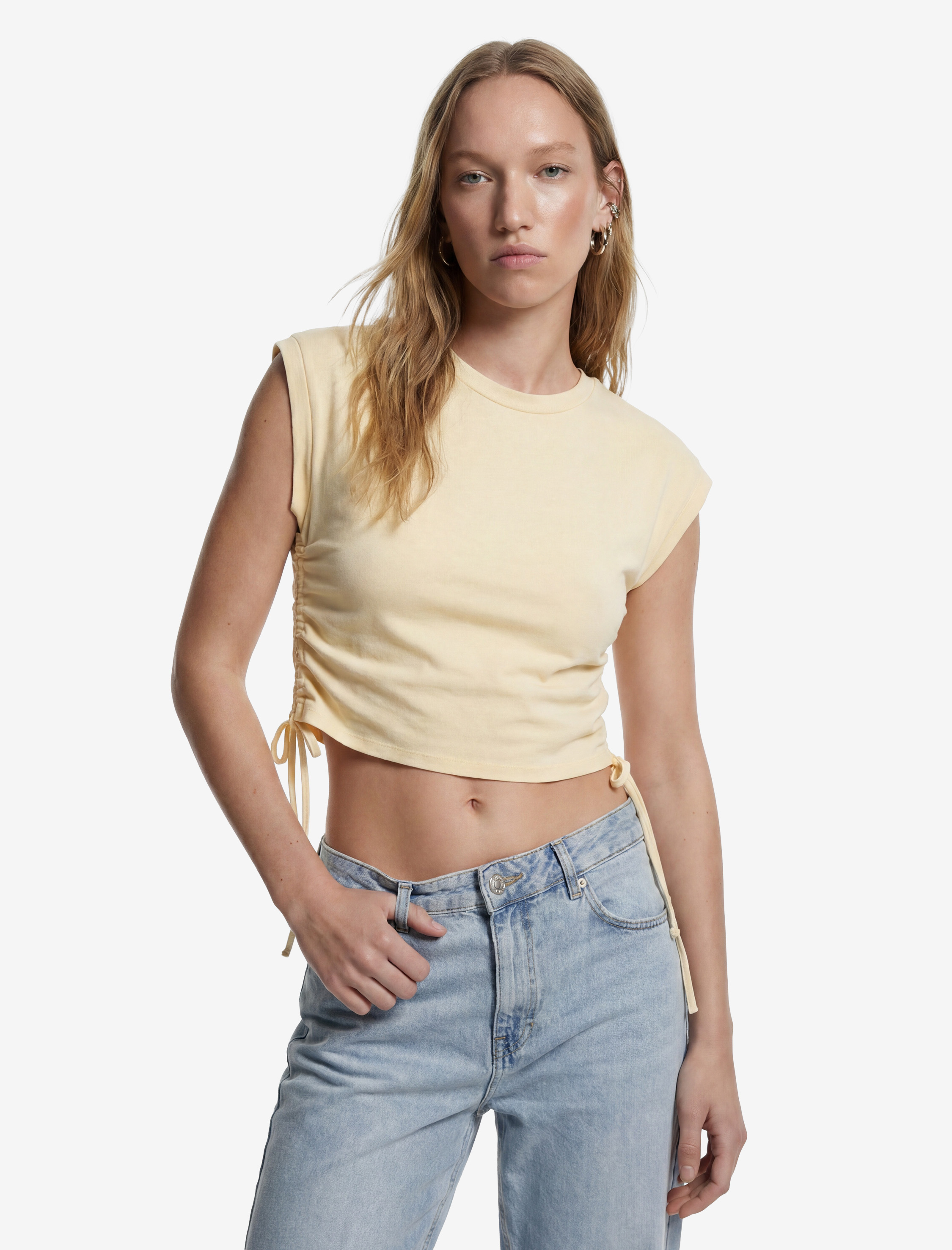   Pamuklu Kolsuz Bisiklet Yaka Büzgülü Crop Bluz