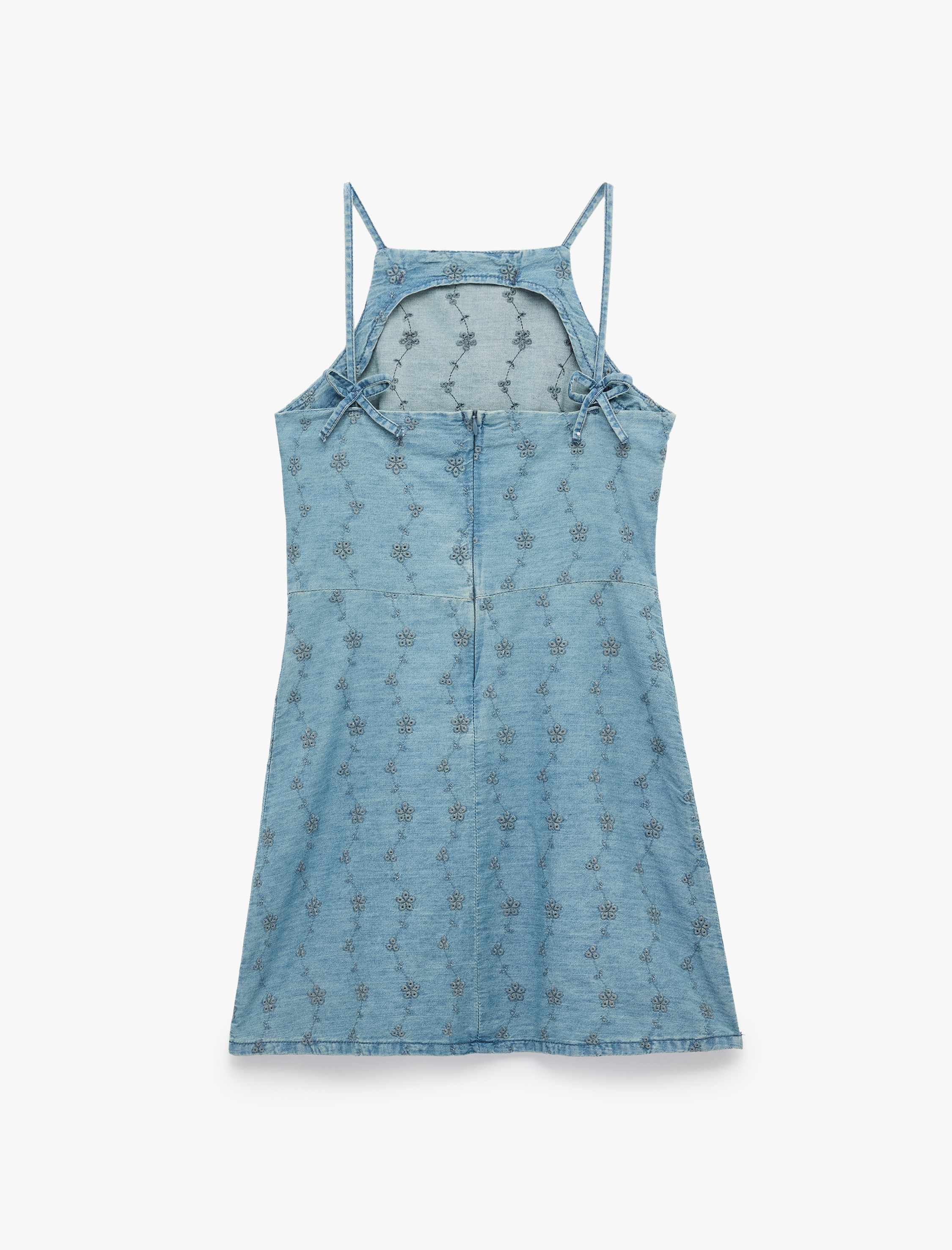   Pamuklu Kolsuz Halter Yaka Brodeli Mini Denim Elbise