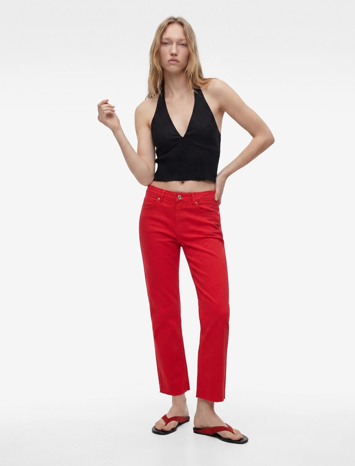  Pamuklu Cepli Düğmeli İspanyol Paça Crop Jean Pantolon -  Kick Flare Jeans