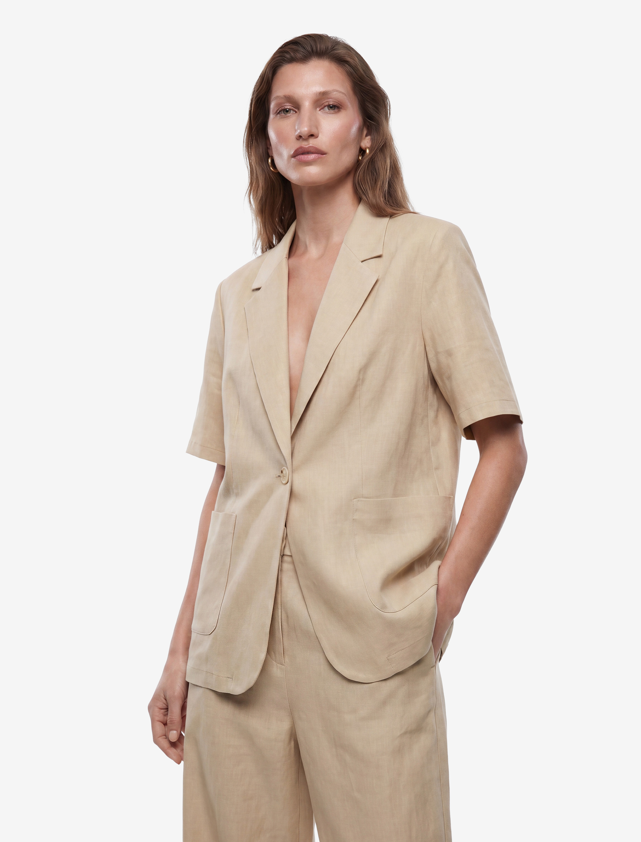  Cepli Kısa Kollu Keten Blazer Ceket