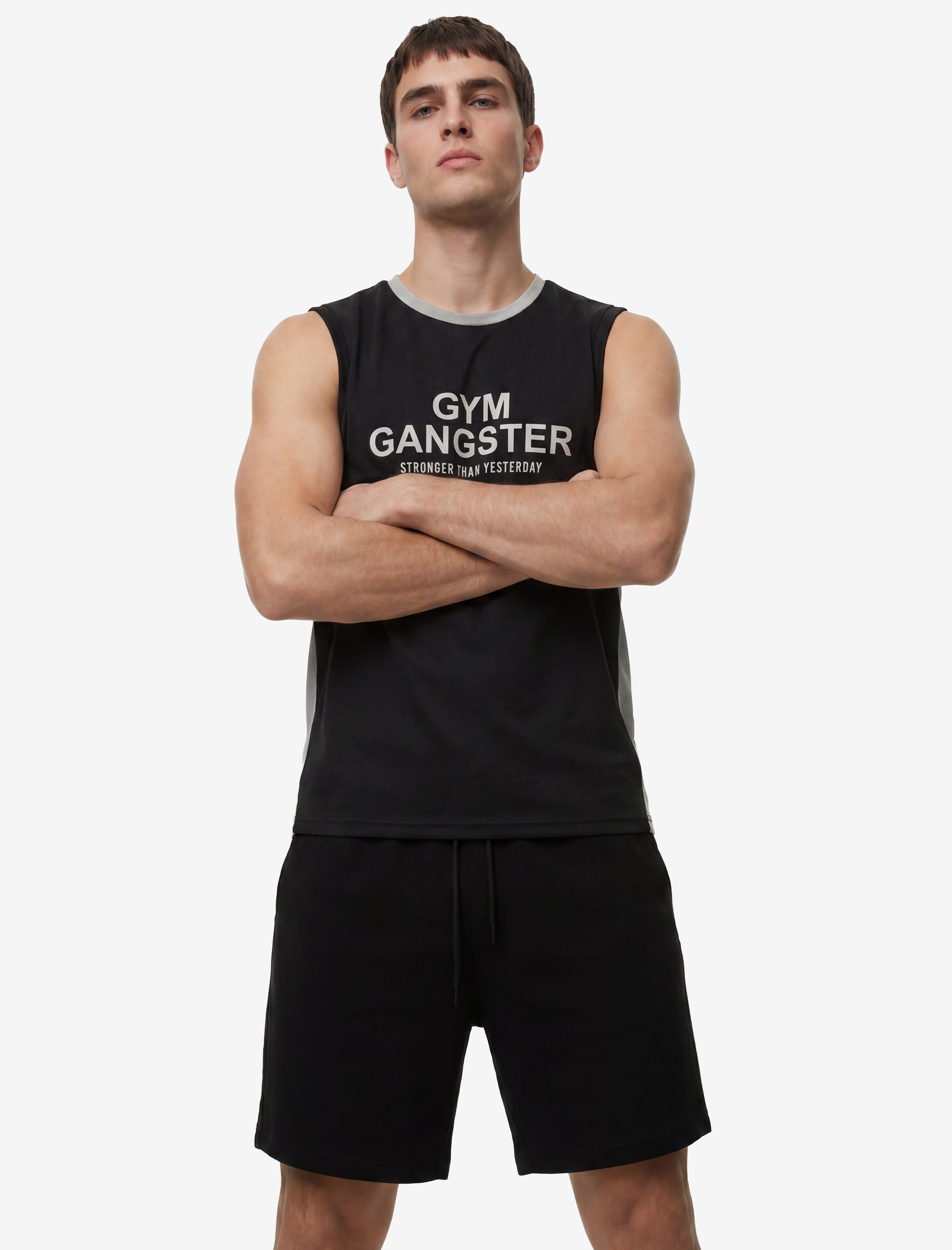   Regular Fit Renk Bloklu Kolsuz Bisiklet Yaka Baskılı Spor Atlet
