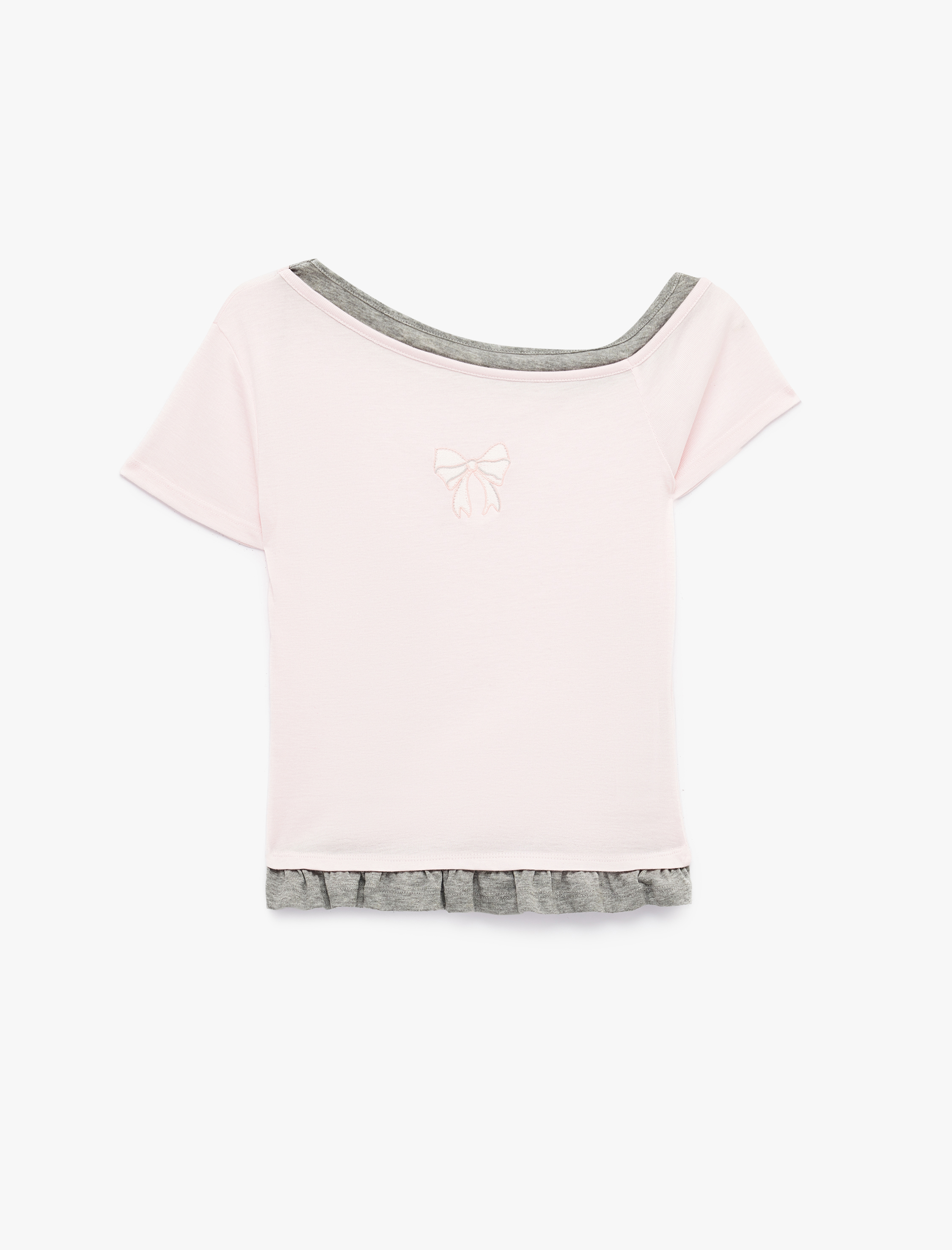   Asimetrik Fiyonk Baskılı Slim Fit İkili Kayık Yaka Kısa Kollu Tişört
