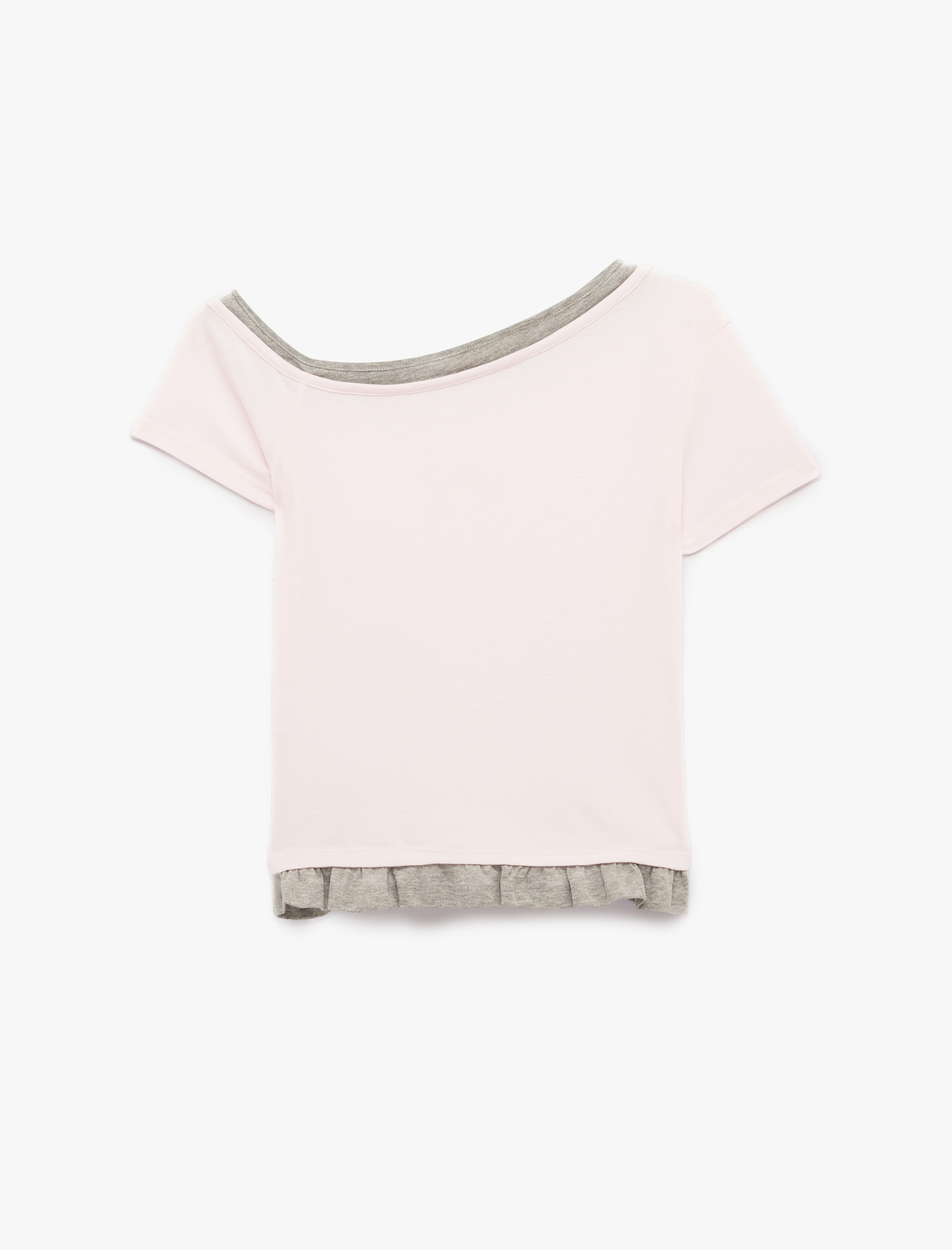   Asimetrik Fiyonk Baskılı Slim Fit İkili Kayık Yaka Kısa Kollu Tişört