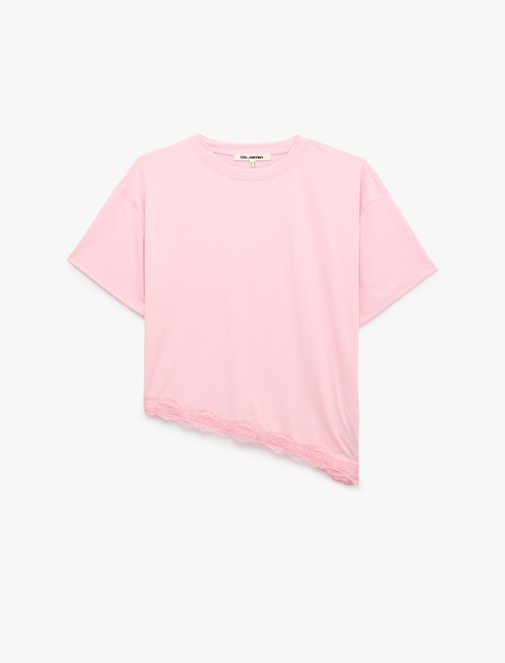  Kısa Kollu Bisiklet Yaka Dantel Detaylı Rahat Kalıp Tişört