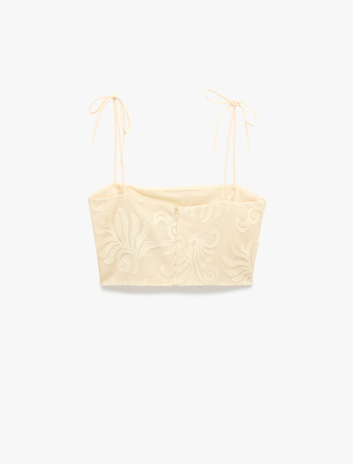  Koton X Melis Ağazat - Pamuklu Floral Dokulu Fiyonklu İp Askılı Crop Büstiyer
