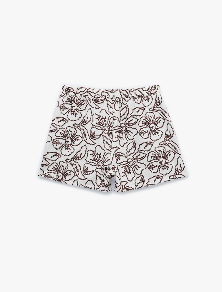  Koton X Melis Ağazat - Keten Karışımlı Cepli Floral İşleme Detaylı Mini Şort