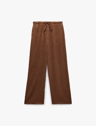 Beli Bağcıklı Yüksek Bel Geniş Paça Saten Pantolon