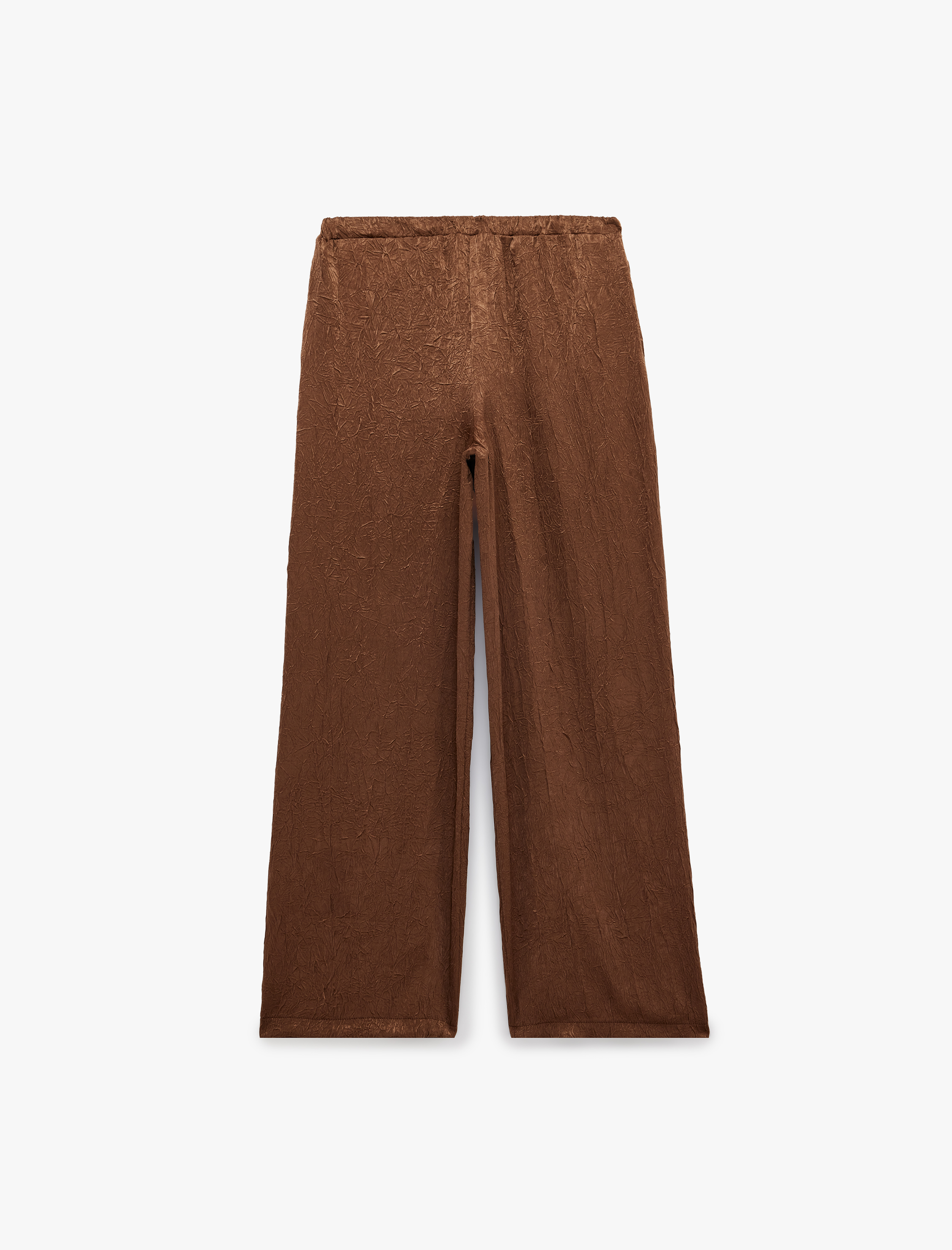   Beli Bağcıklı Yüksek Bel Geniş Paça Saten Pantolon