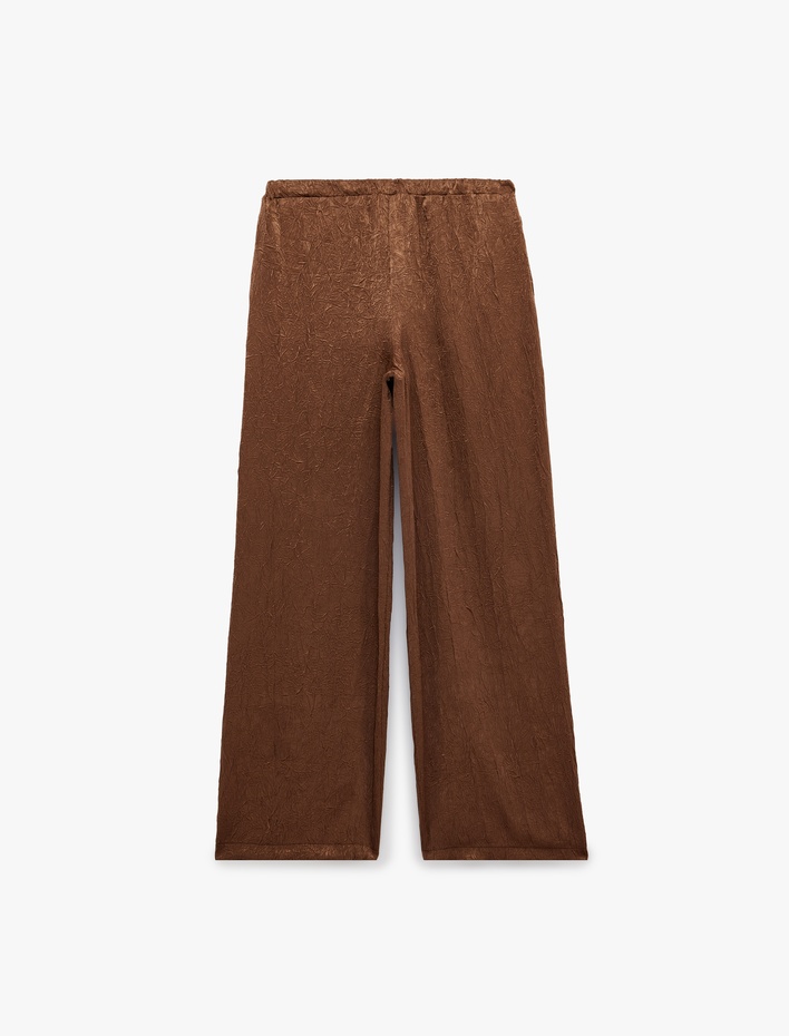  Beli Bağcıklı Yüksek Bel Geniş Paça Saten Pantolon