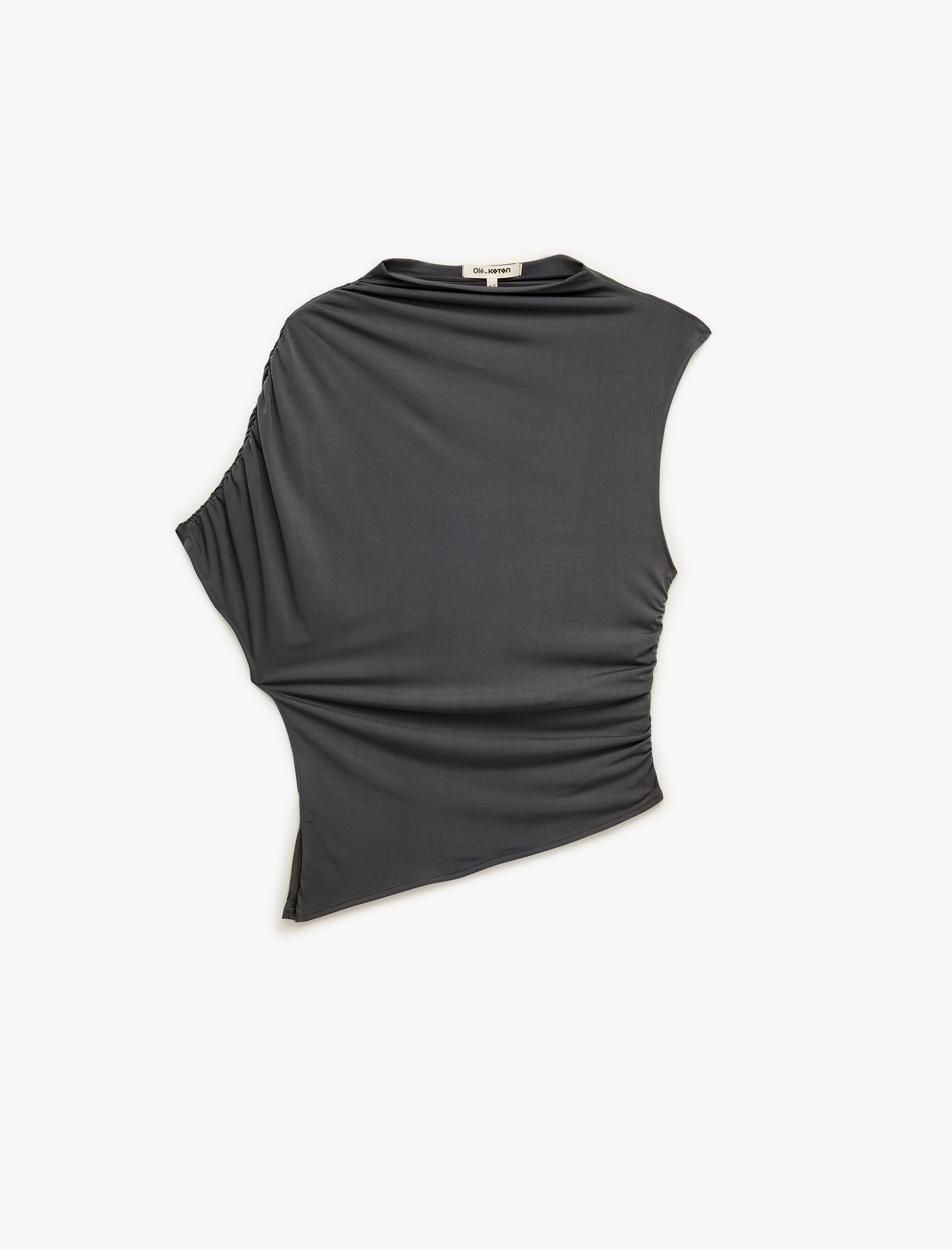   Drapeli Slim Fit Kısa Kollu Dik Yaka Asimetrik Bluz