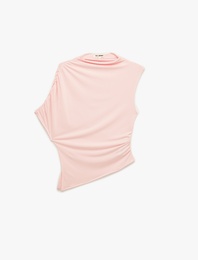 Drapeli Slim Fit Kısa Kollu Dik Yaka Asimetrik Bluz