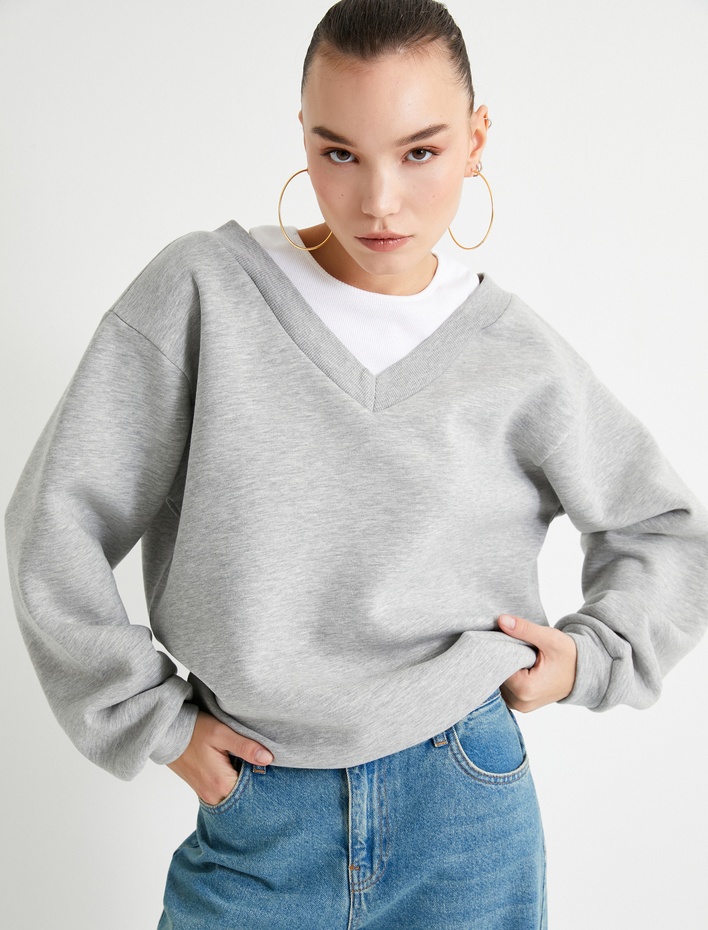  Rahat Kalıp Atlet Detaylı Uzun Kollu Bisiklet Yaka Şardonlu Sweatshirt