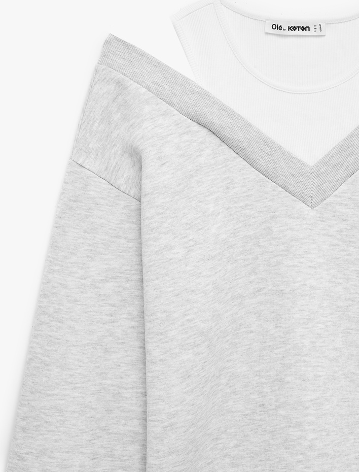  Rahat Kalıp Atlet Detaylı Uzun Kollu Bisiklet Yaka Şardonlu Sweatshirt