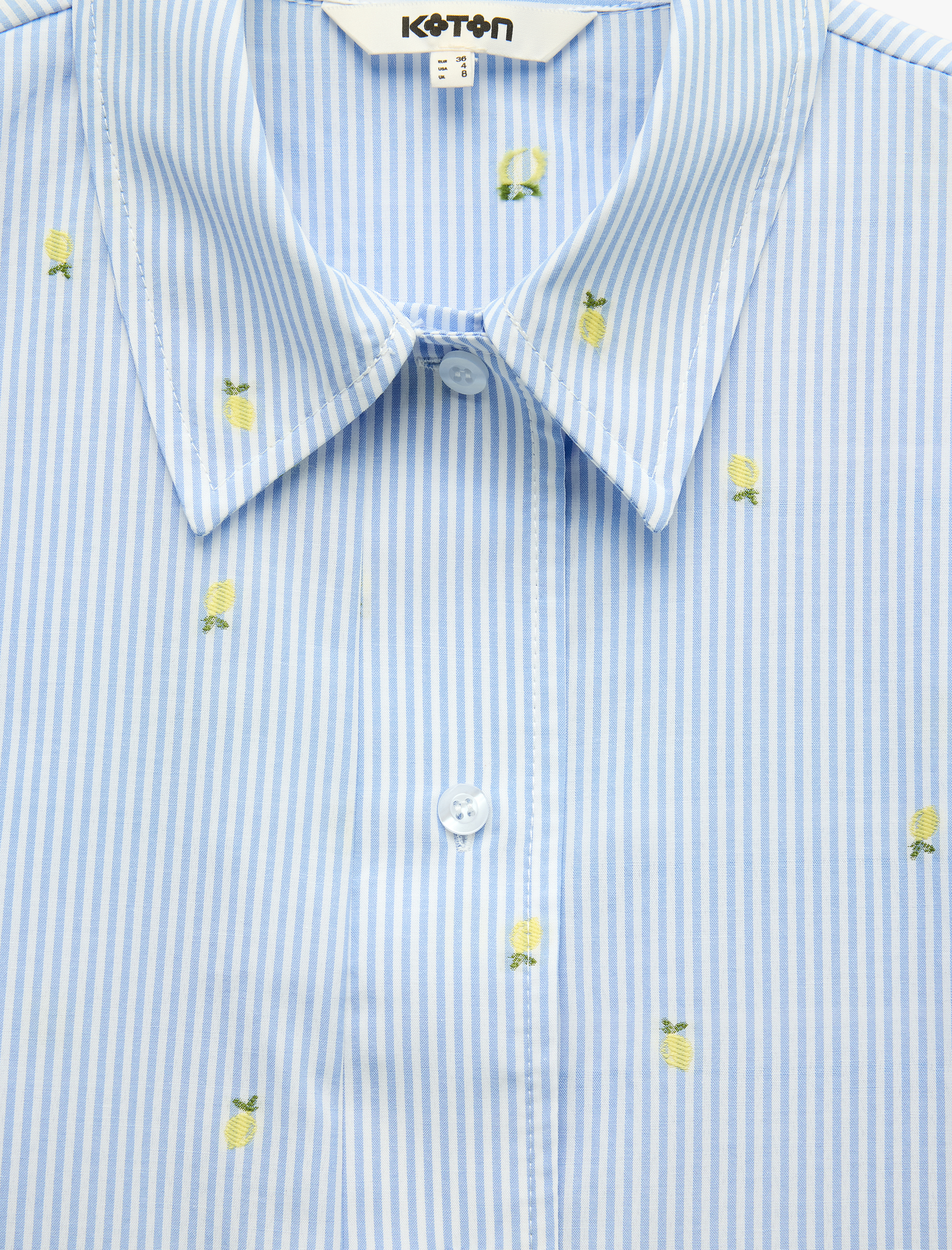   Koton X Sibil Çetinkaya - Kısa Kollu Limon İşleme Detaylı Çizgili Crop Poplin Gömlek