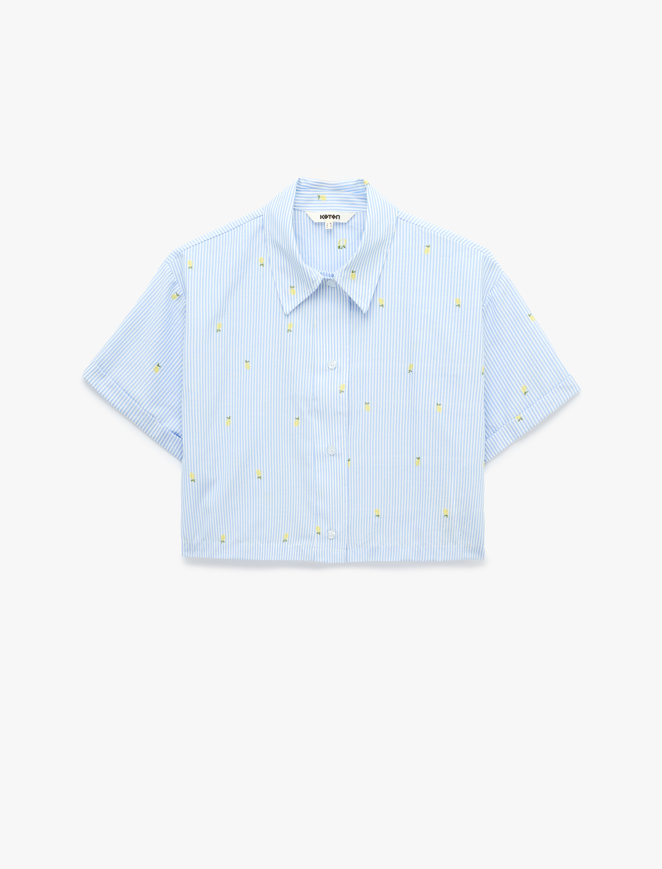   Koton X Sibil Çetinkaya - Kısa Kollu Limon İşleme Detaylı Çizgili Crop Poplin Gömlek