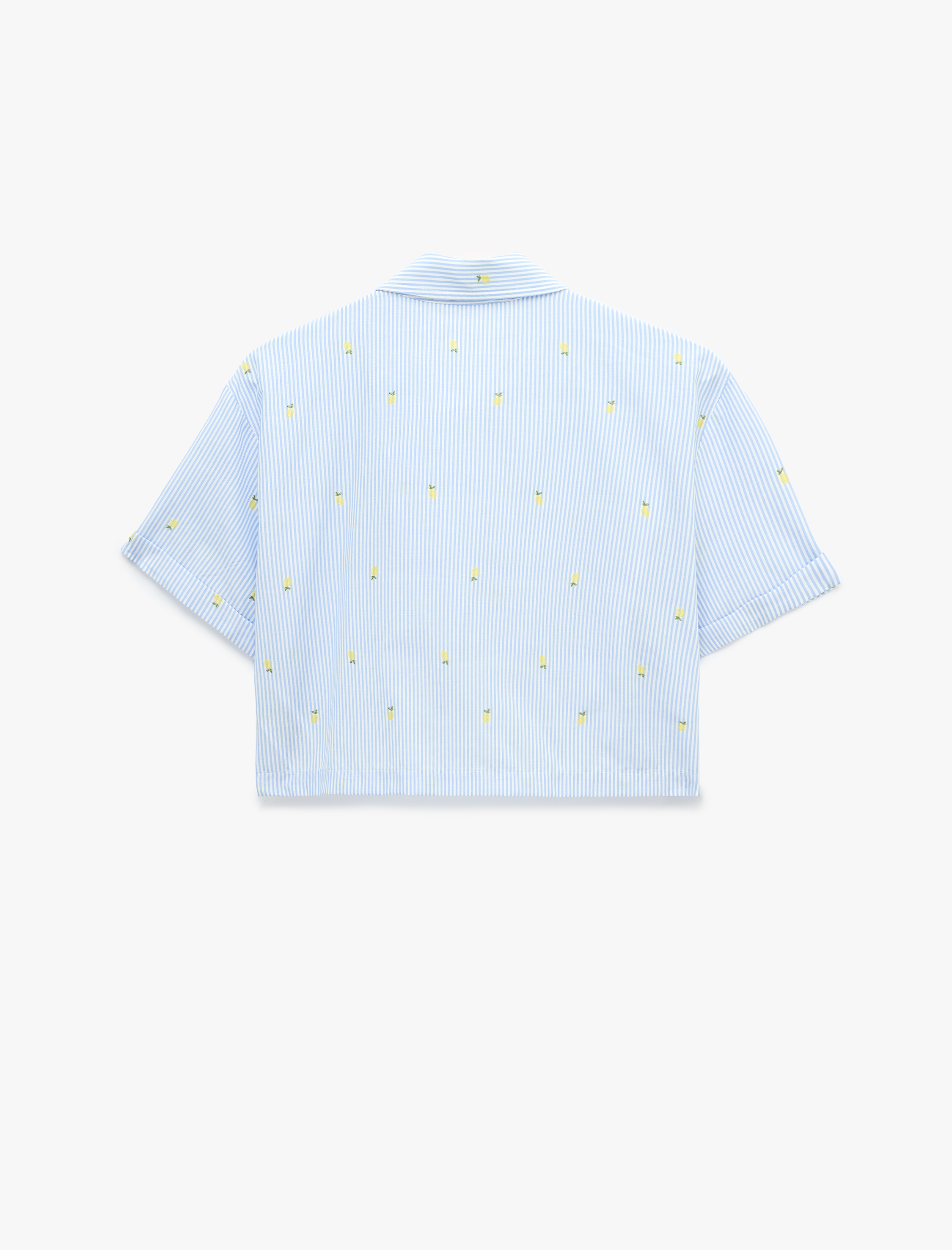   Koton X Sibil Çetinkaya - Kısa Kollu Limon İşleme Detaylı Çizgili Crop Poplin Gömlek