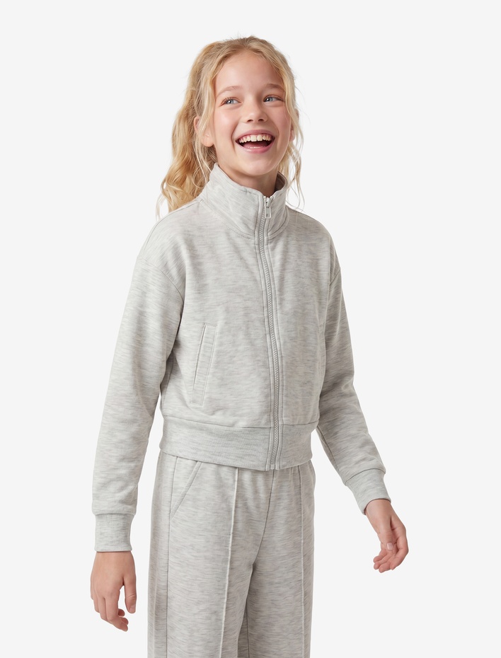 Kız Çocuk Dik Yaka Cep Detaylı Uzun Kollu Crop Fermuarlı Sweatshirt