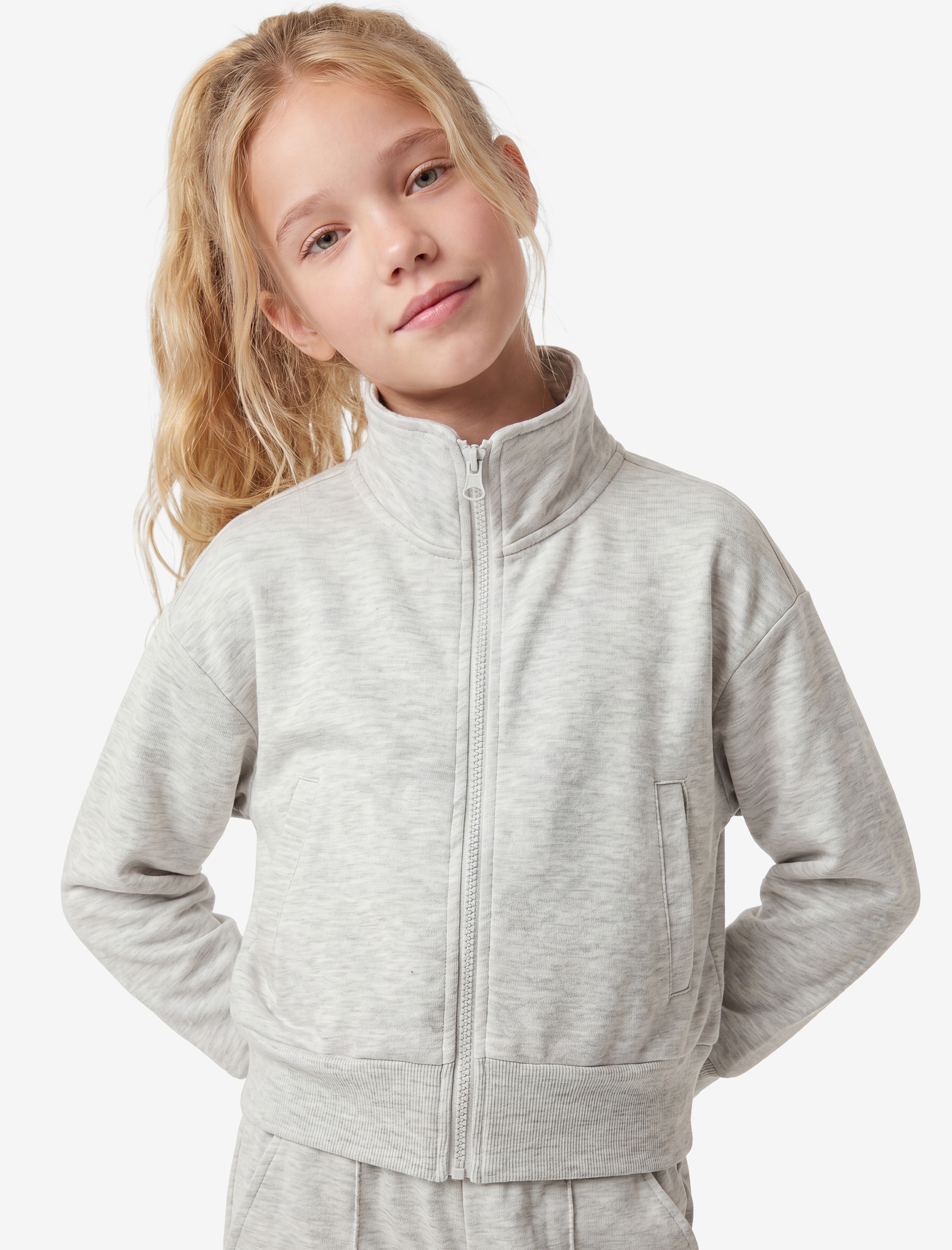  Kız Çocuk Dik Yaka Cep Detaylı Uzun Kollu Crop Fermuarlı Sweatshirt
