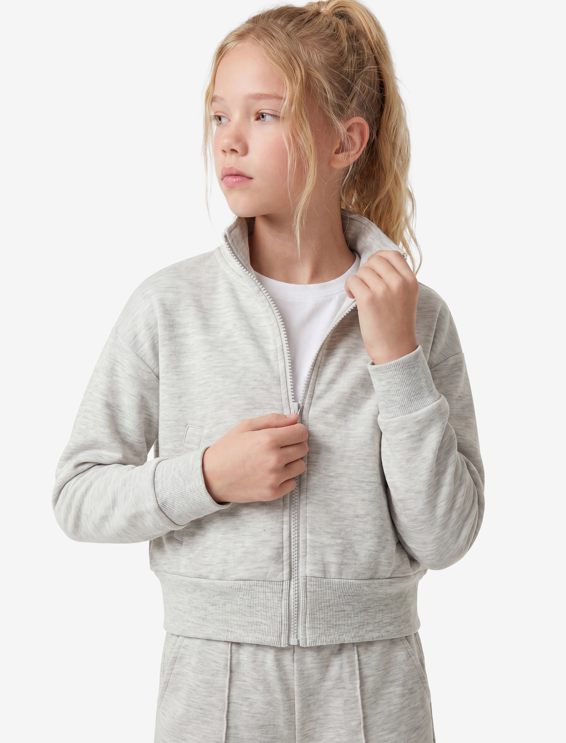  Kız Çocuk Dik Yaka Cep Detaylı Uzun Kollu Crop Fermuarlı Sweatshirt
