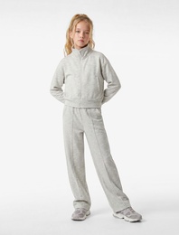 Dik Yaka Cep Detaylı Uzun Kollu Crop Fermuarlı Sweatshirt