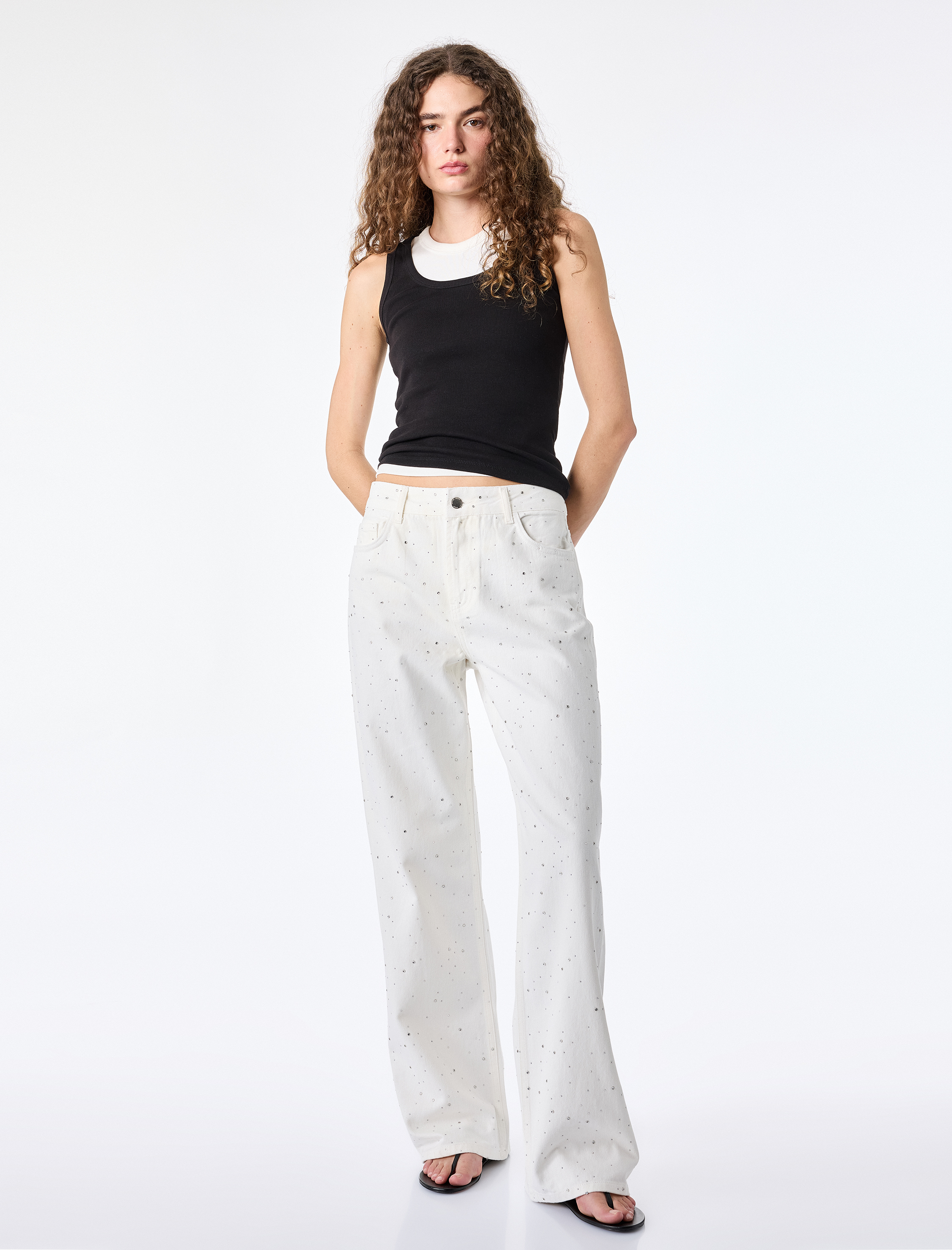   Normal Bel Uzun Düz Kesim Pamuklu Taşlı Denim Pantolon - Straight Fit Jeans