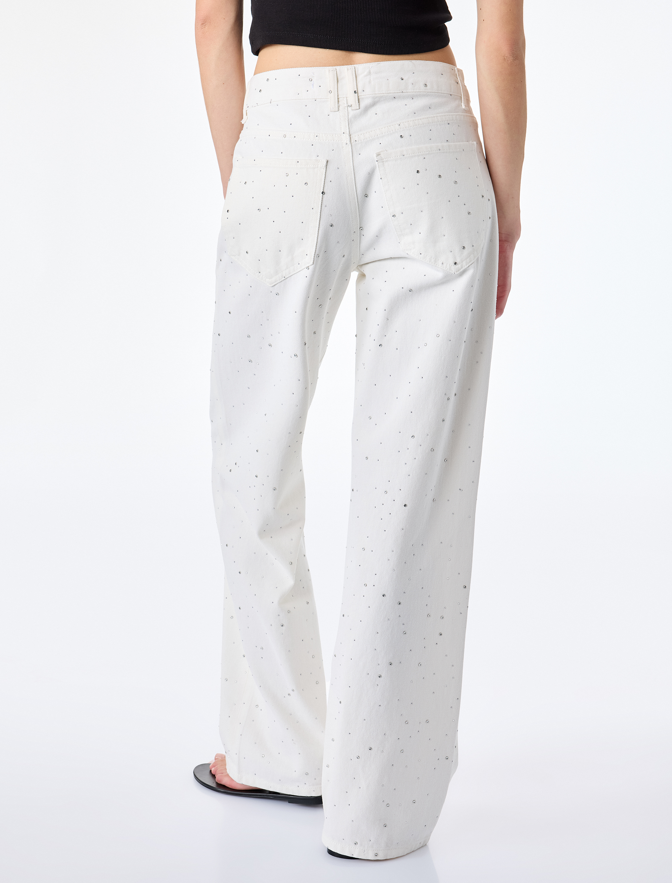   Normal Bel Uzun Düz Kesim Pamuklu Taşlı Denim Pantolon - Straight Fit Jeans
