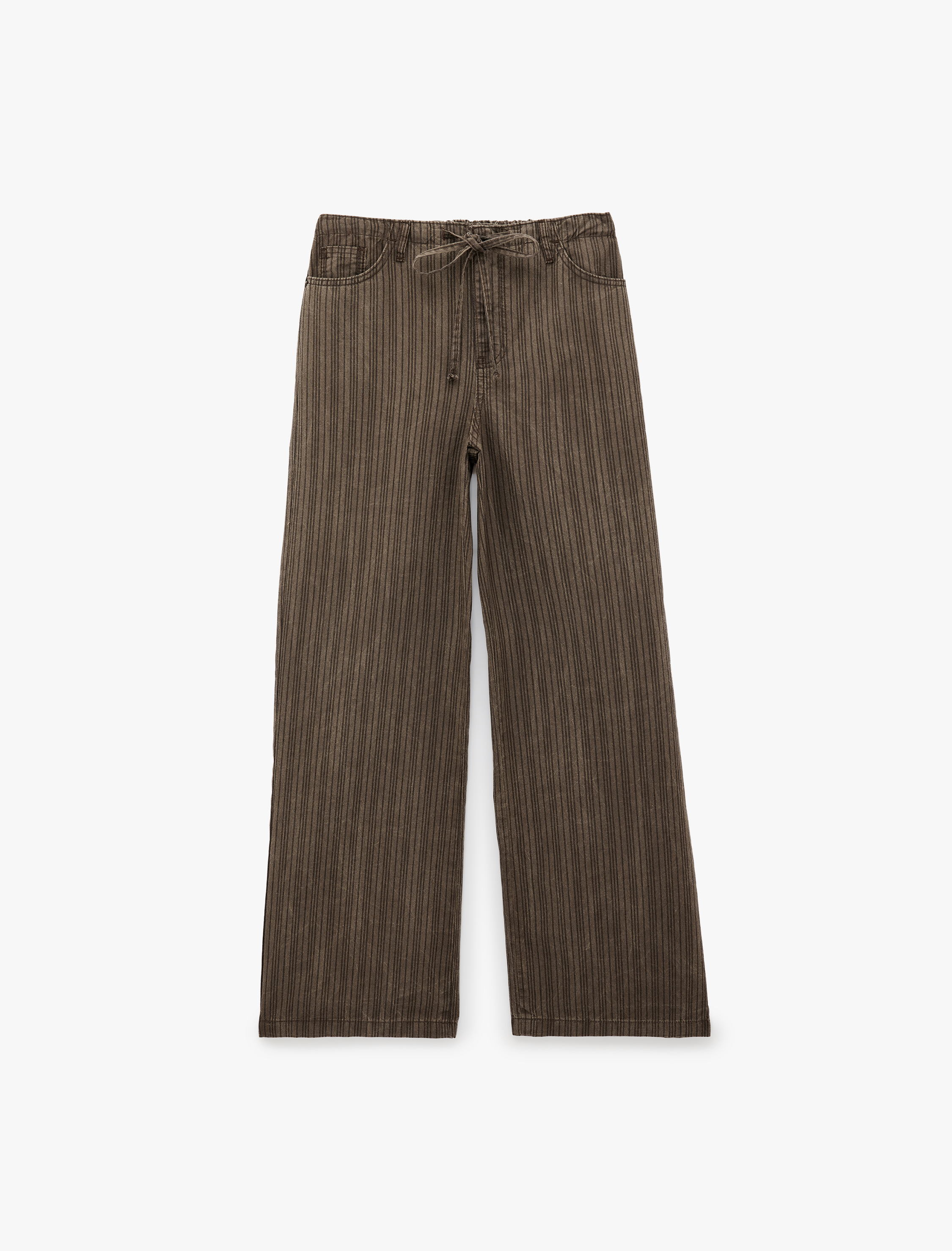   Pamuklu Rahat Kalıp Beli Bağcıklı Çizgili Pantolon - Loose Straight Fit Jean