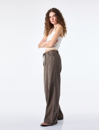 Pamuklu Rahat Kalıp Beli Bağcıklı Çizgili Pantolon - Loose Straight Fit Jean